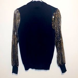 S Catherine Malandrino Black Gold Sweater With Sequins See-Through Long Sleeves